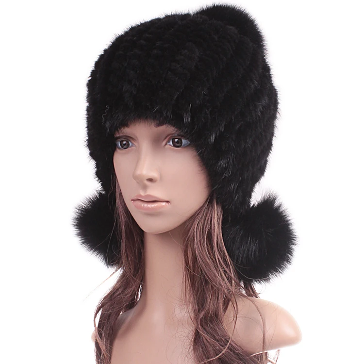 

Woman Winter Hot Sale Thicken Protect Ear Mink Fur Hats Lady Elasticity Weaving Warm Fox Skullies Beanies Fur Cap D12