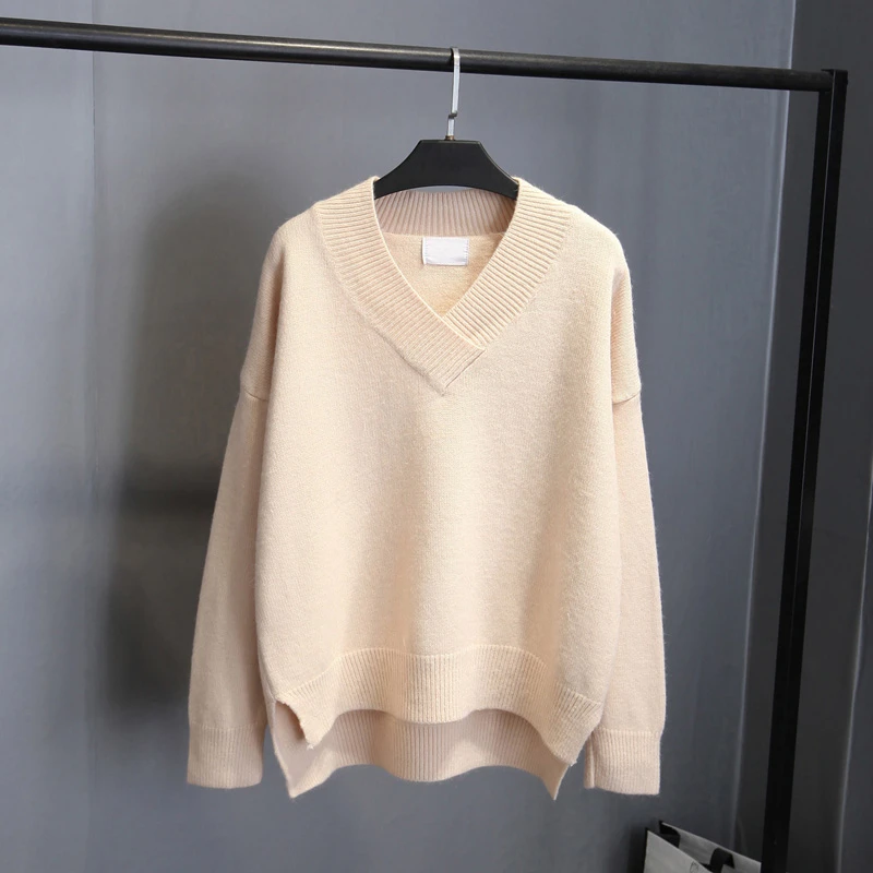 Женский шерстяной вязаный пуловер свободный свитер с V-образным вырезом