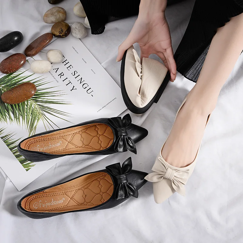 Spring New 2019 Black White Leather Bowtie Butterfly-knot Shoes Woman Pointed Toe Flat Rubber Heel Loafers Women Slip On Zapatos | Обувь