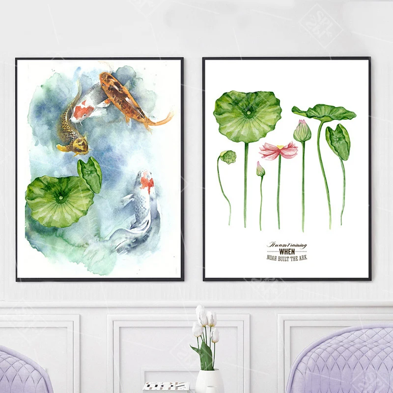 Картина в китайском стиле с чернилами Koi Fish Lotus Flower винтажная Настенная картина
