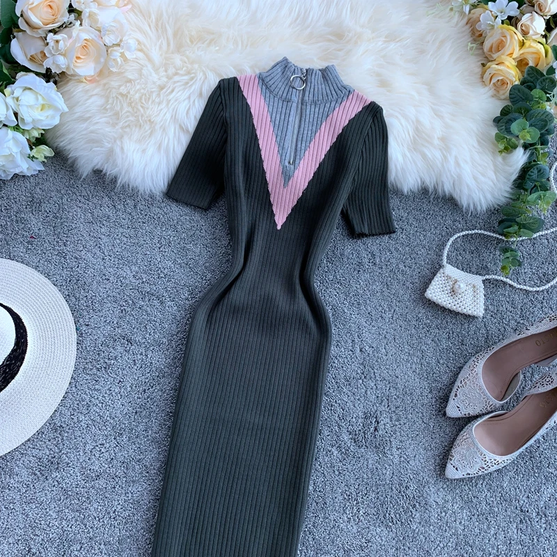 Vintage Slim Zipper Knitted Patchwork Summer Autumn Bodycon Midi Dress Party Women Pencil Knee Length Office Sheath dresses