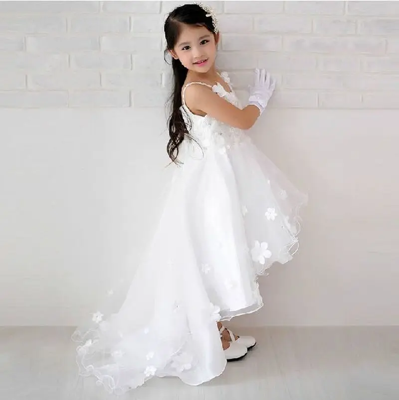 Children Short Front Long Back Wedding Dress with Flower Lace Train Prom White Kid Girl Formal Dresses Size 3 To 12 14 | Детская одежда