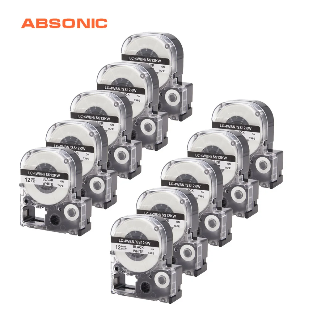 

Absosonic 10 шт. 12 мм * 8 м SS12KW LC-4WBN9 LK-4WBN черный на белой ленте для EPSON KJ LC-4WBN LW-300 LW-400 LW-500