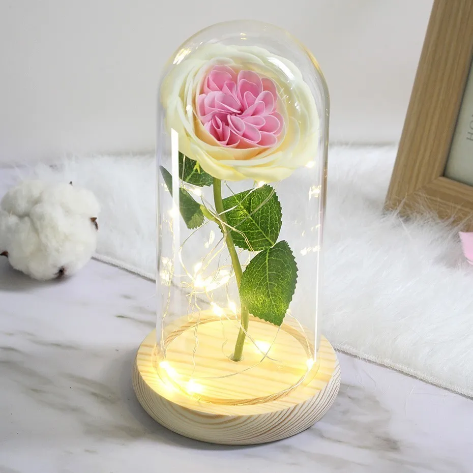 Pink LED Soap Flower Rose Flower In Glass Dome Christmas Gifts Artificial Flower Valentine's Day Wedding Party Home Decor Fake Flower - Цвет: Pink