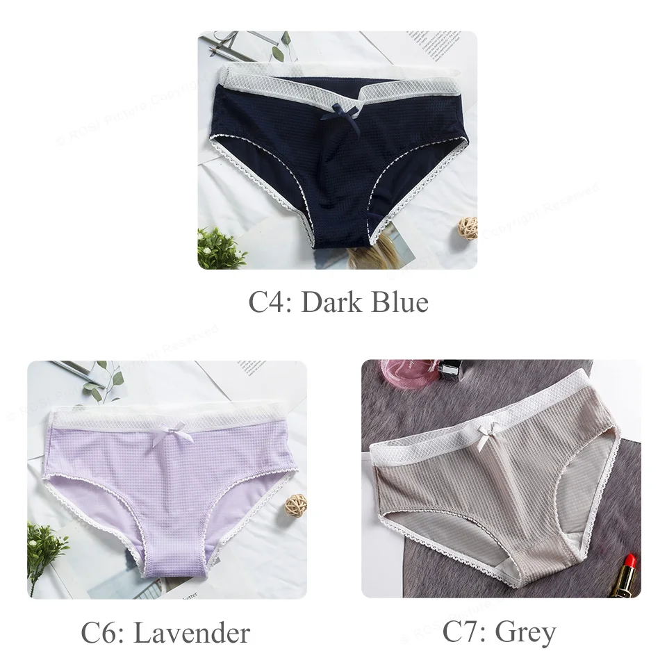 Blue Lavender Grey Однотонное сексуальное женское нижнее белье в сетку с низкой талией, женские бесшовные хлопковые трусики бикини, кружевное нижнее белье, женские трусы 3 шт. ROSI - Цвет: Blue Lavender Grey