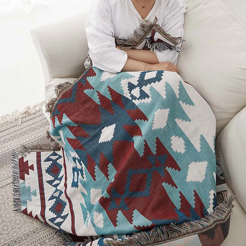 Geometric Pattern Summer Knitted Blanket Cotton Throw Blankets for Sofa Cover Air-conditioned Room Tippet Tassels 3 Size Manta |