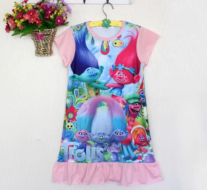 2017 Платье для маленьких девочек троллей Летнее платье с героями мультфильмов