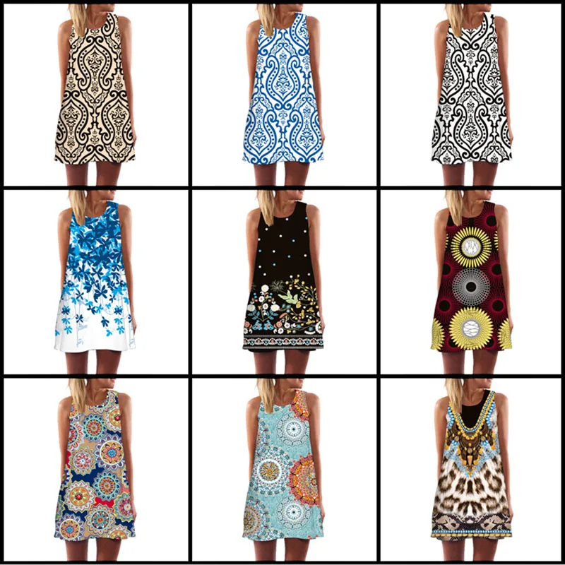 Женское платье с принтом повседневное пляжное без рукавов круглым вырезом и