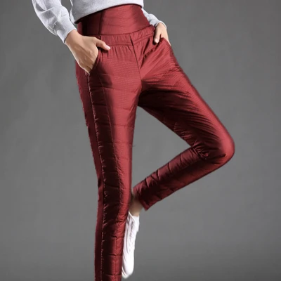 wine red 8528 Новые модные облегающие зимние женские штаны с высокой талией, женские теплые красные длинные штаны, большие размеры, женские брюки с эластичной резинкой на талии, верхняя одежда W521 - Color: wine red 8528