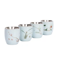 celadon tea cup ceramic silver cup pure silver 999 genuine kungfu teaware creative handmade silver tea cup