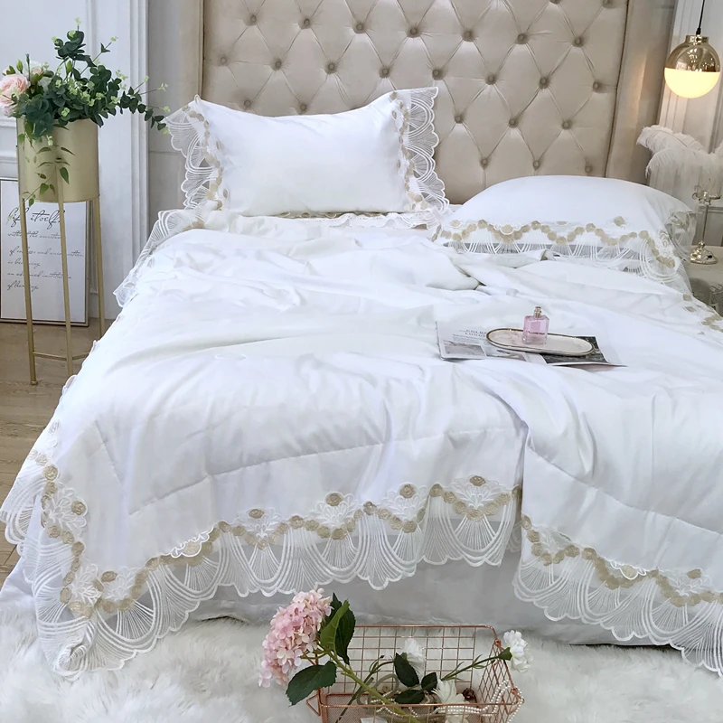 

Luxurious European white Lace 3pcs 60S Tencel Quilt Pillowcase bedding Wedding Summer Air Conditioner Quilts Blanket bedspread#a