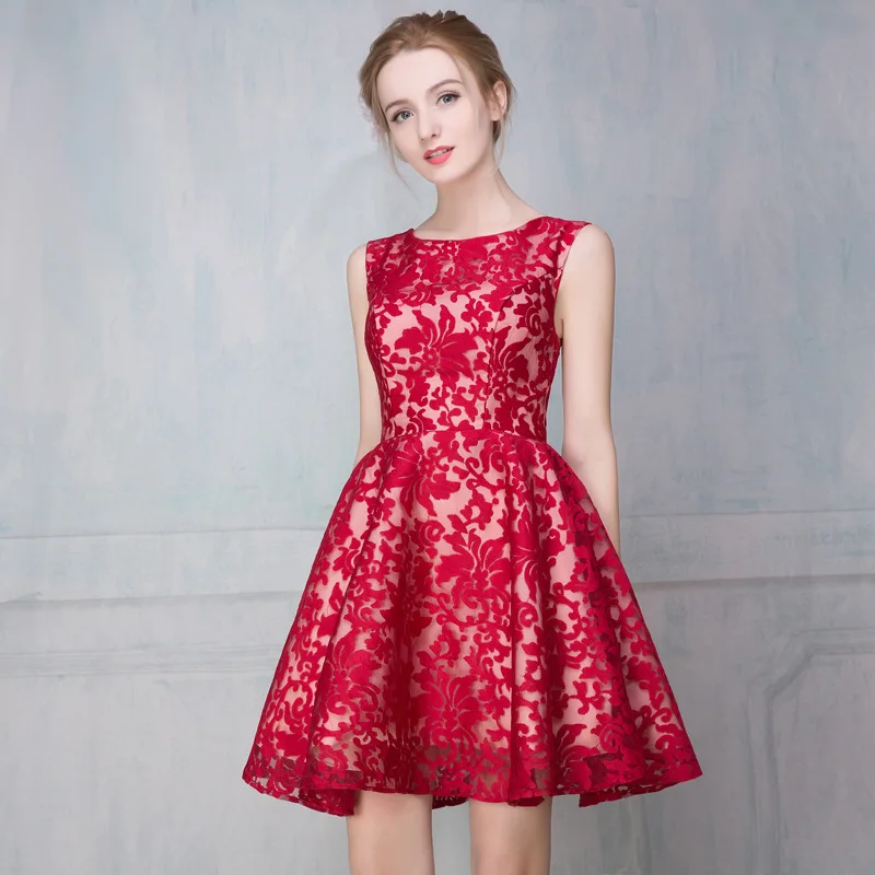 Красные платья подружки невесты с коротким рукавом-крылышком 2019 кружевные