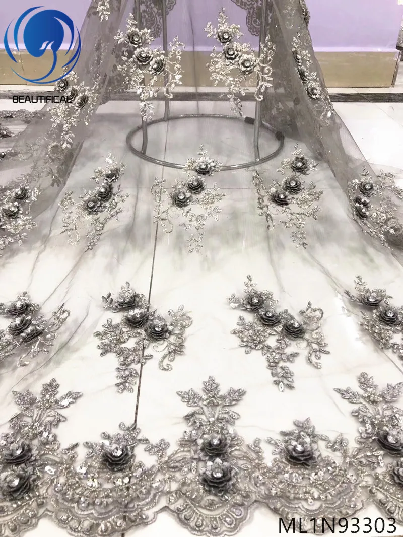

BEAUTIFICAL african lace fabrics 3d flowers net lace fabric with beads and stones for dress embroidery french lace ML1N933
