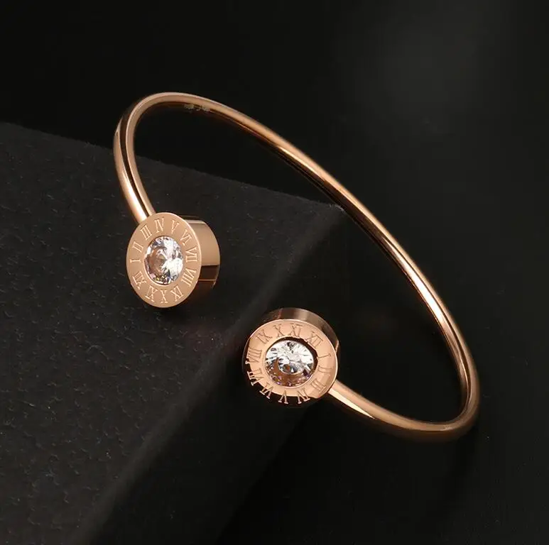 Rose gold Модный Браслет-манжета из нержавеющей стали для женщин, розовое золото, гибкий браслет с двойным кристаллом для женщин, подарок для девушек - Окраска металла: Rose gold