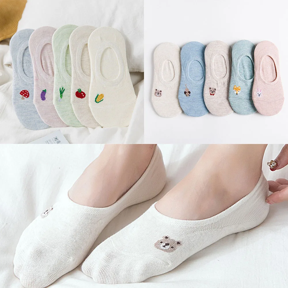 Summer Women Funny Socks Candy Color Cartoon Animal Vegetable Pattern Boat Silicone Non-Slip Invisible Cotton Sokken | Женская одежда