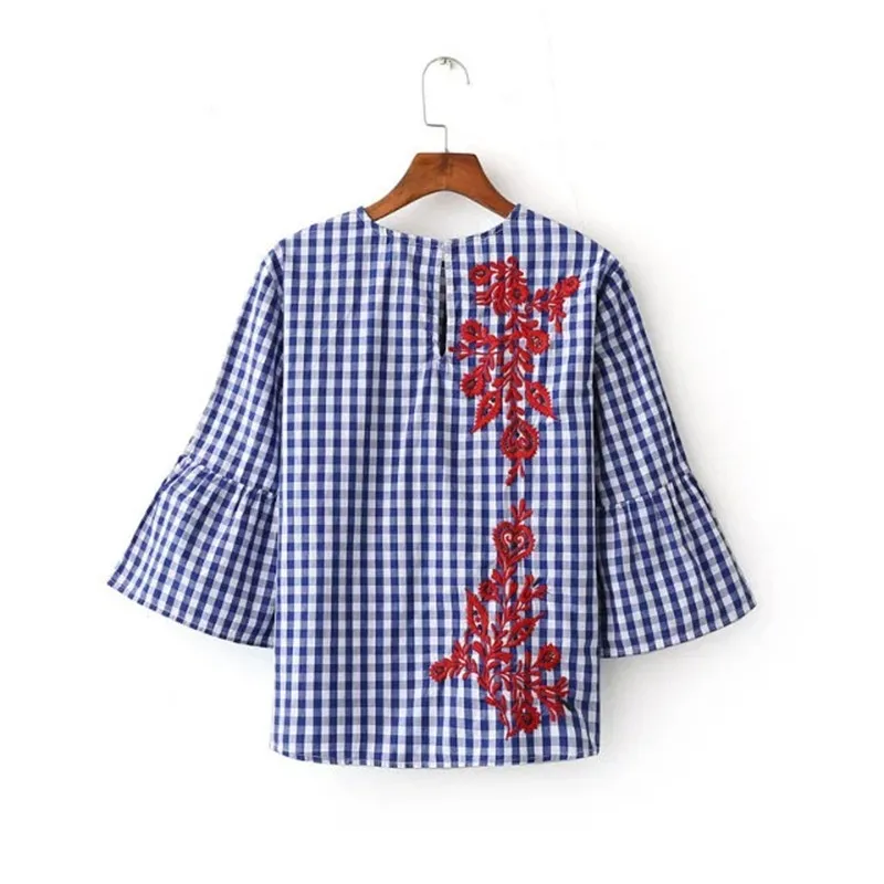Вышивка женщины блузка рубашка Повседневная синий клетчатую рубашку цветочный