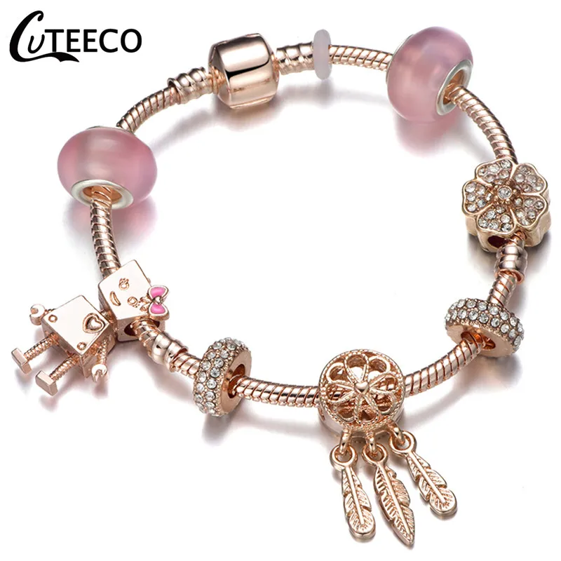 CUTEECO, новинка, розовое золото, робот Белла, бусины, женский браслет с подвесками, с кисточками, свисающие, подходят для брендовых браслетов, Женские Ювелирные изделия Pulseira - Окраска металла: 1