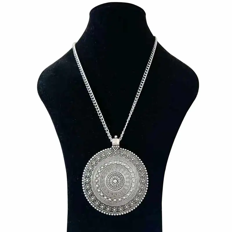 ZXZ большой серебряный эффектный абстрактный, металлический Boho круглый цветок медальон-подвеска на длинной цепочке ожерелье Lagenlook 34"