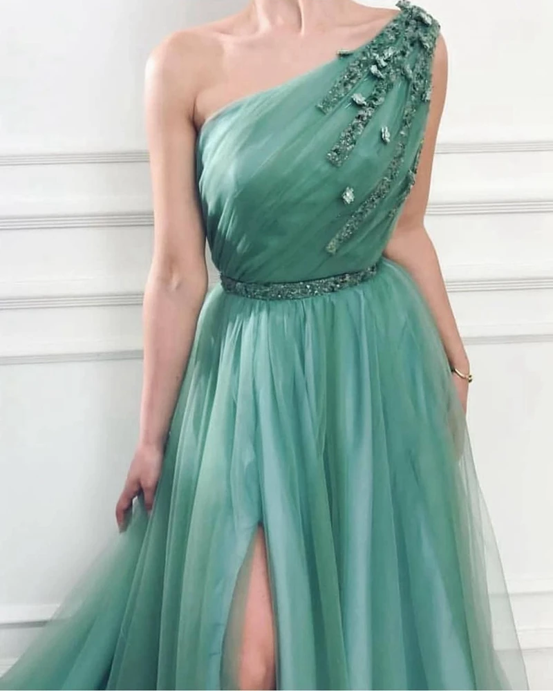 

New Arrival One shoulder Evening dress 2021 Crystals Beaded Tullee dress Party gowns abiye elbise Suknie wieczorowe