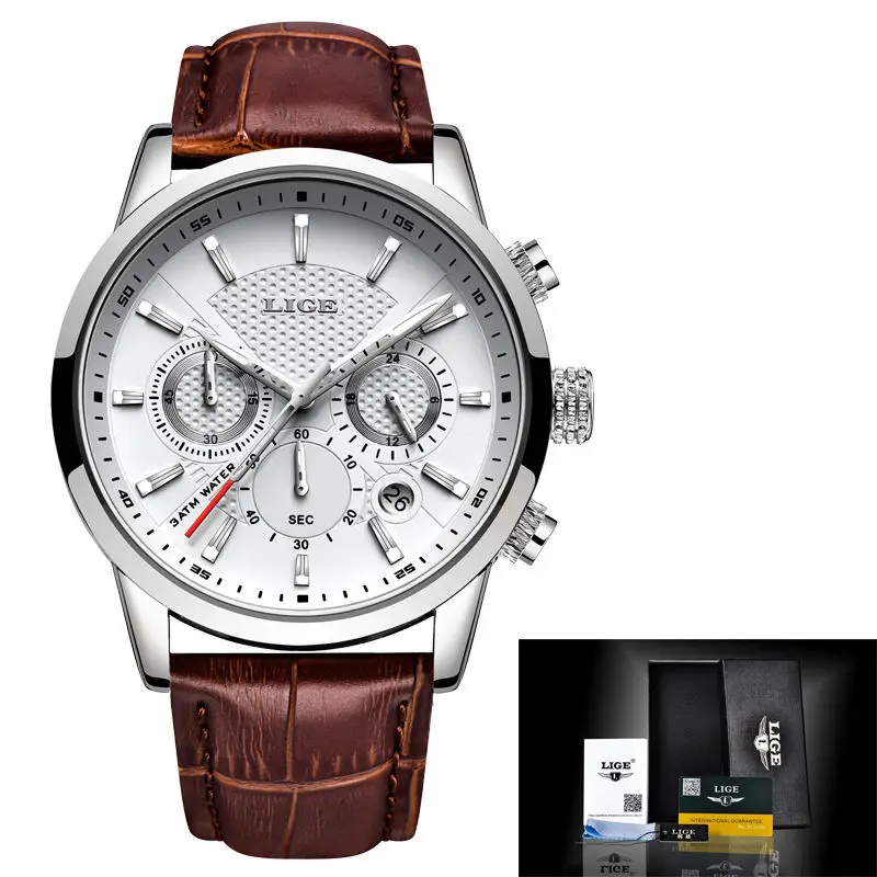 Leather Silver white LIGE многофункциональные мужские часы, Топ бренд, роскошные повседневные кварцевые часы, мужские спортивные водонепроницаемые часы, серебряные часы, Relogio Masculino - Цвет: Leather Silver white