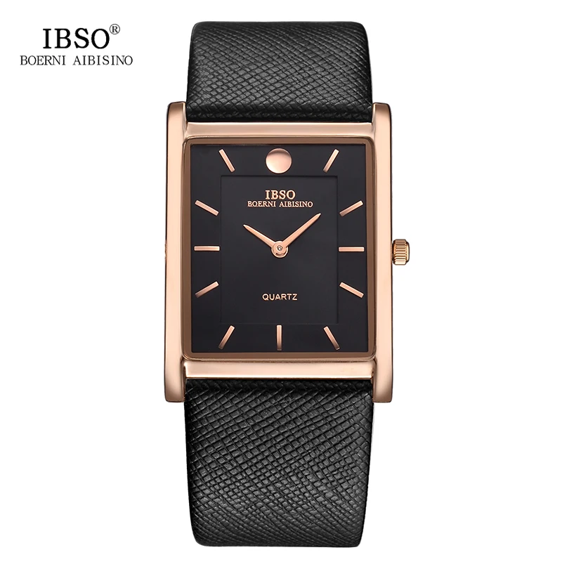 

IBSO Men's Quartz Watch 7MM Ultra-thin Rectangle Dial Quartz Wristwatch Black Classic Business Genuine Leather Strap Watch Men