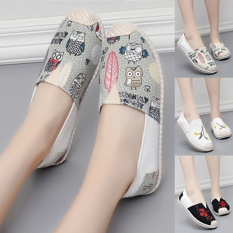 Женские холщовые туфли без шнуровки Нескользящие удобные дышащие на плоской