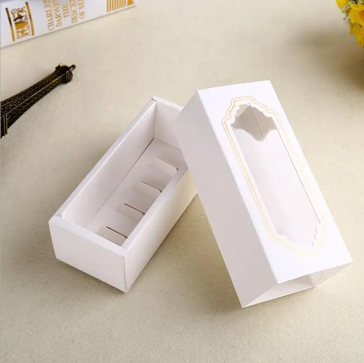 Белый 20pcs/lot White Macaroon paper Drawer box packing with PVC window,Wedding/Birthday party Biscuits gift boxes for guests - Цвет: Белый