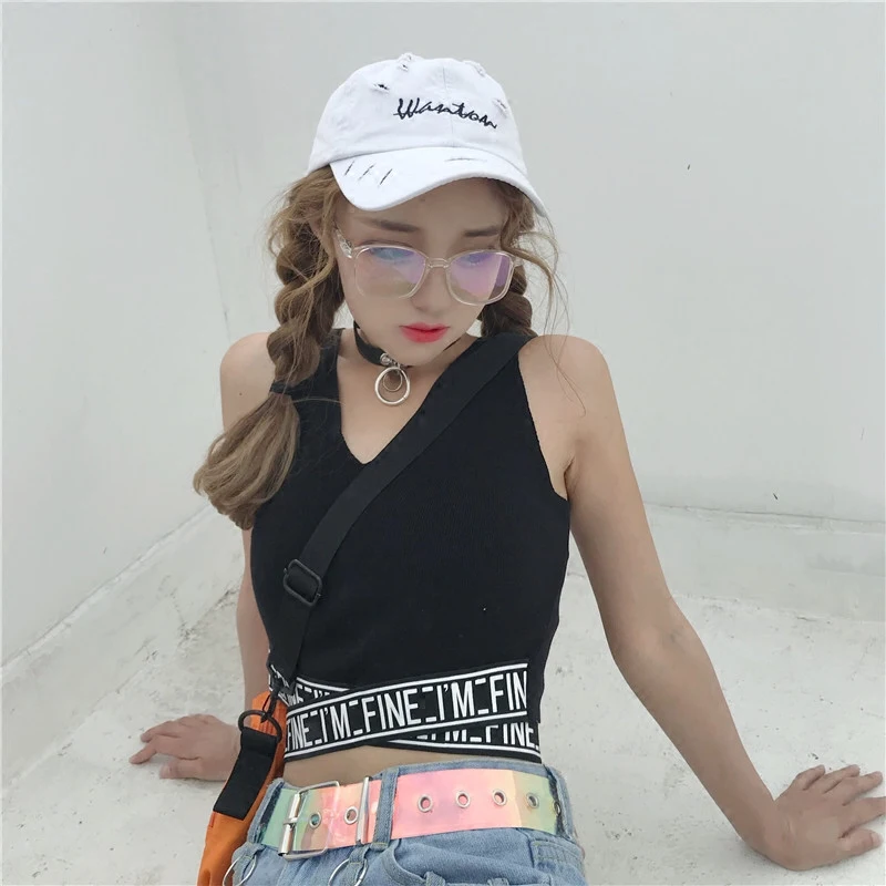 Summer new womens short tops sleeveless letters print t shirts korean style v neck sexy crop ladies casual female | Женская одежда