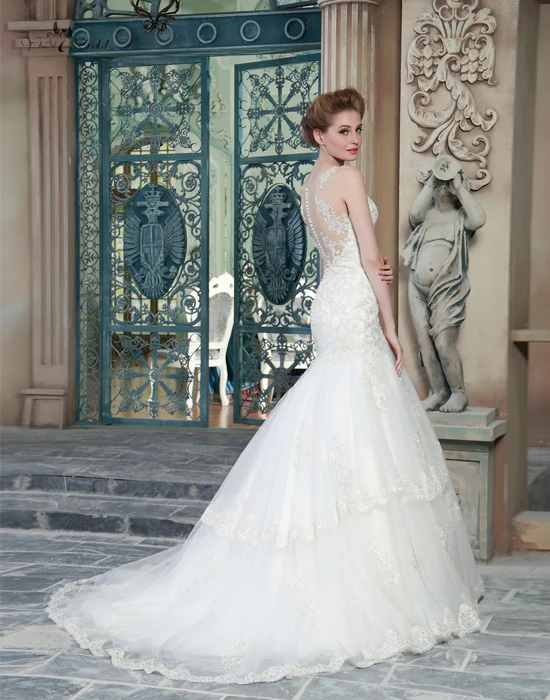 Длинные Русалка Свадебные Платья 2016 Аппликации Sheer Свадебное Платье Casamento