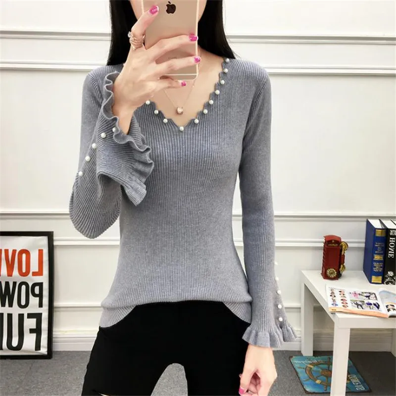 Pearls Beading Knitted Sweaters 2018 New Autumn Winter Women Slim V-Neck Flare Sleeve Cute Pullovers Female Tops 8 Colors D415 | Женская