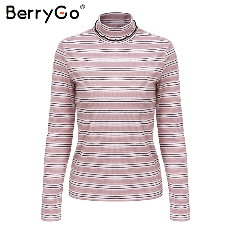 Женский свитер в полоску BerryGo повседневный облегающий с высоким воротом и