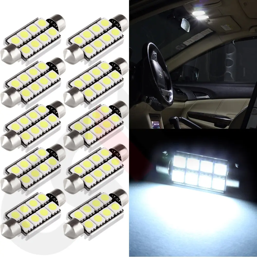 

10x41mm White Canbus 8SMD LED Festoon Bulbs C5W 6418 License Plate Light No Error