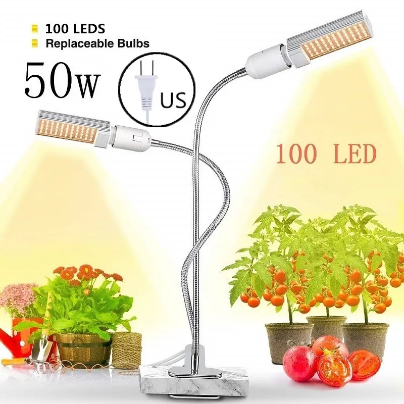 50W with US Plug Светодиодный светильник для выращивания растений, солнечный свет, полный спектр, 45 Вт, 50 Вт, 60 Вт, E27, с двойной головкой, гибкая лампа для теплицы, цветок, Фито, лампа EU/US - Испускаемый цвет: 50W with US Plug