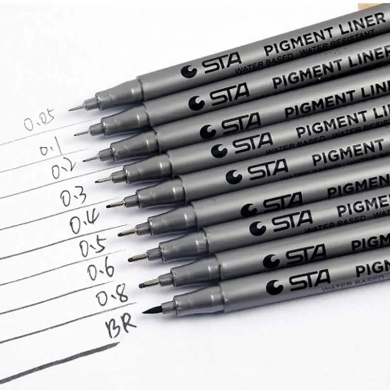 STA Pigment Liner Pigma Micron Ink Marker Pen 0.05 0.1 0.2 0.3 0.4 0.5 0.6 0.8 Brush Tip Black Fineliner Sketching Pen