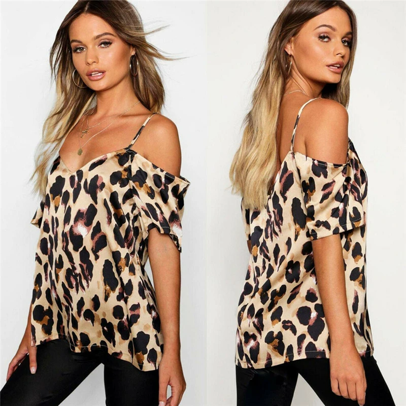 Женская блузка с коротким рукавом V образным вырезом и леопардовым