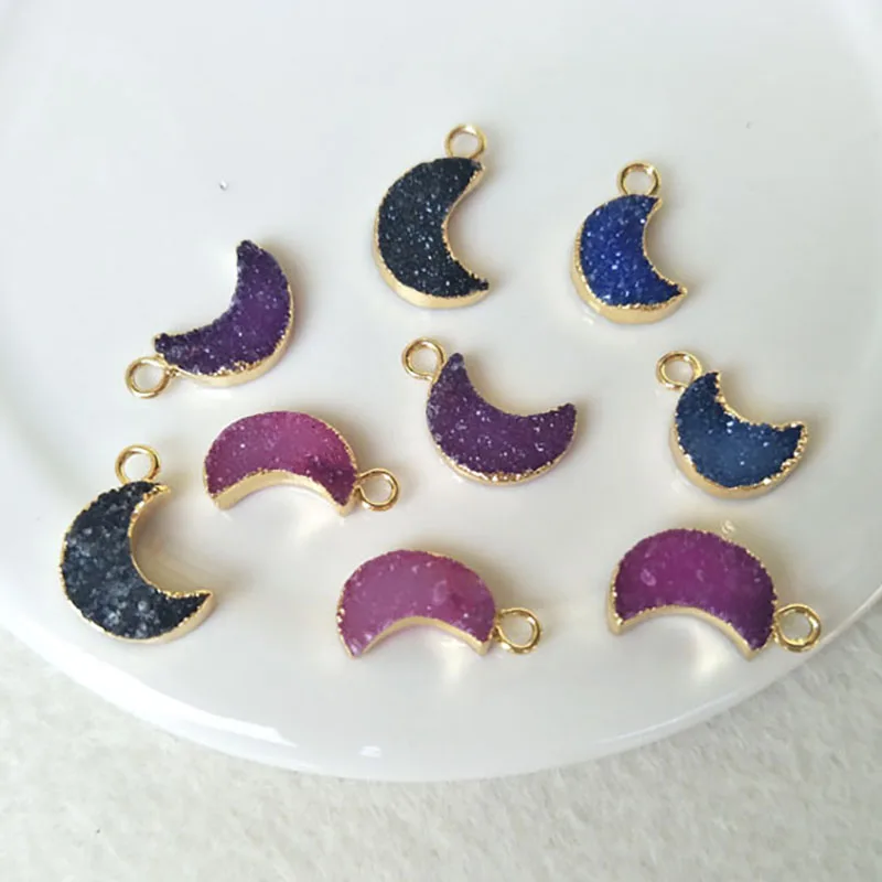 5 шт. 12 мм золотого цвета естественный кварцевый друзи подвеска бусины камень геод друзи полумесяц оберег Ювелирные изделия ожерелье браслет изготовление PD474.