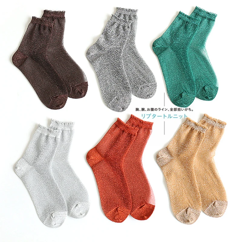 Женские тонкие летние кружевные носки SP & CITY прозрачные блестящие короткие по