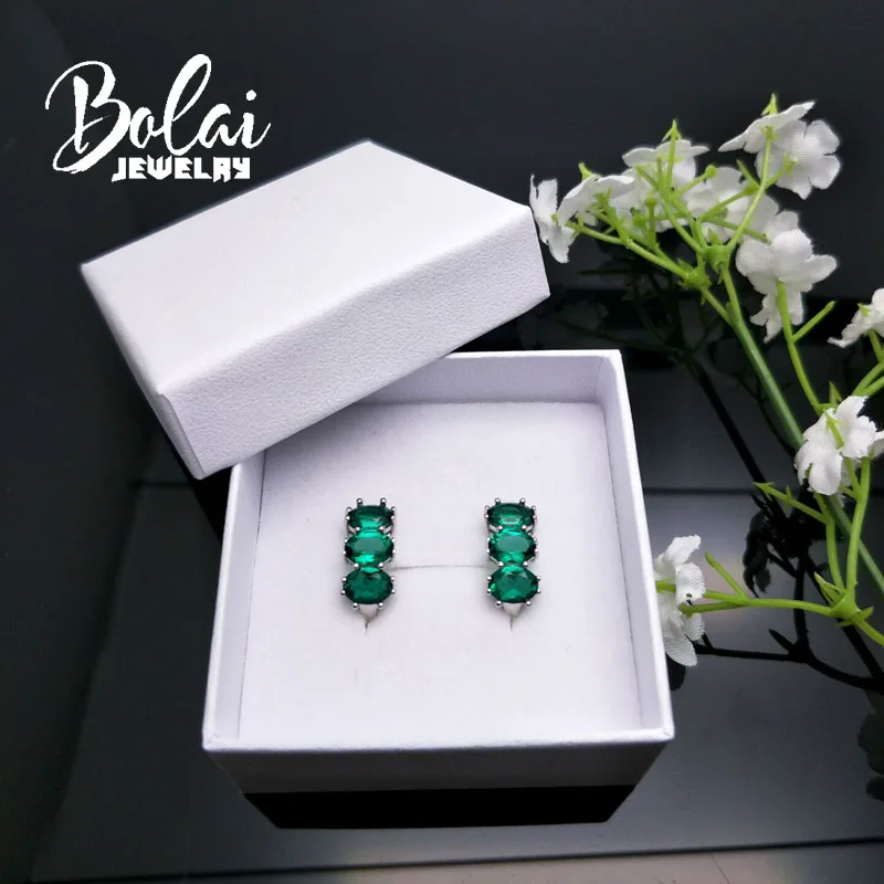 Серьги-пусеты Bolai 3 камня нано-изумруд из серебра 925 пробы драгоценный камень