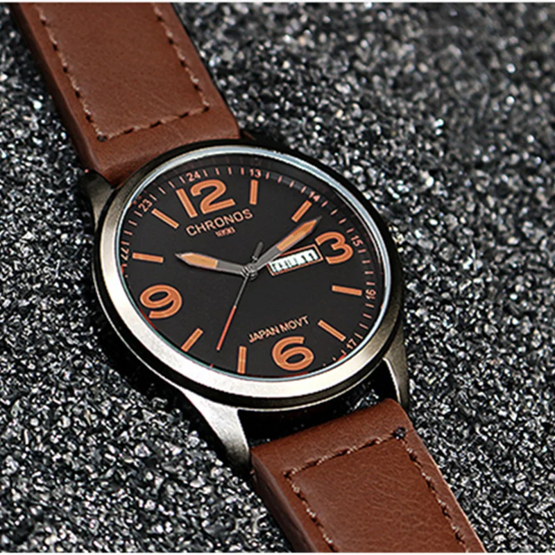 Часы CHRONOS мужские с кожаным ремешком брендовые Роскошные в японском стиле