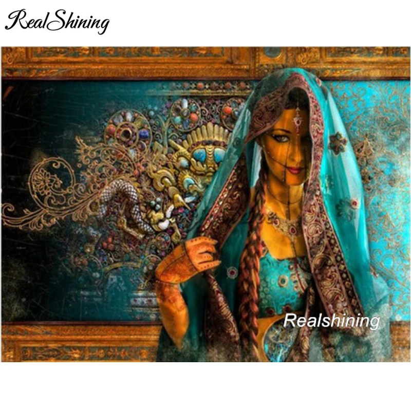 

REALSHINING 5D Diy Diamond Painting Cross Stitch Indian Woman Home Decor Square Mosaic Pattern Full Diamond Embroidery FS2990
