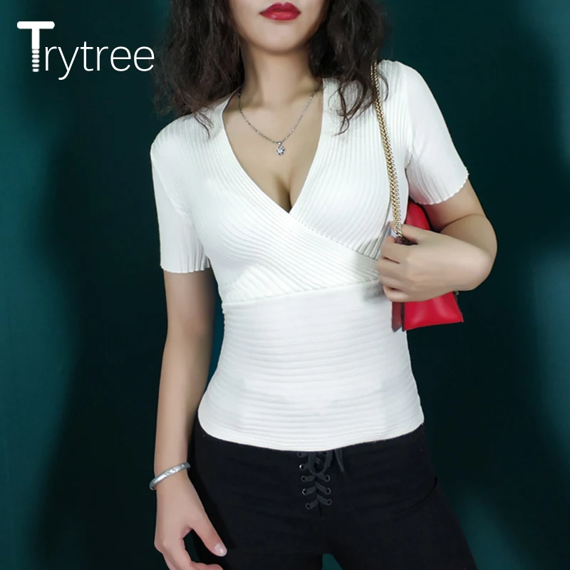 Trytree лето осень женская модная Сексуальная футболка с v образным вырезом