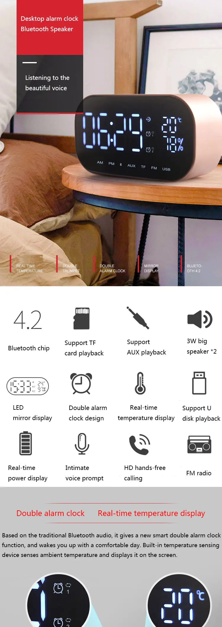 YAyusi bluetooth-динамик для душа мини портативный компьютер колонки с будильником дисплей fm радио спальня динамик