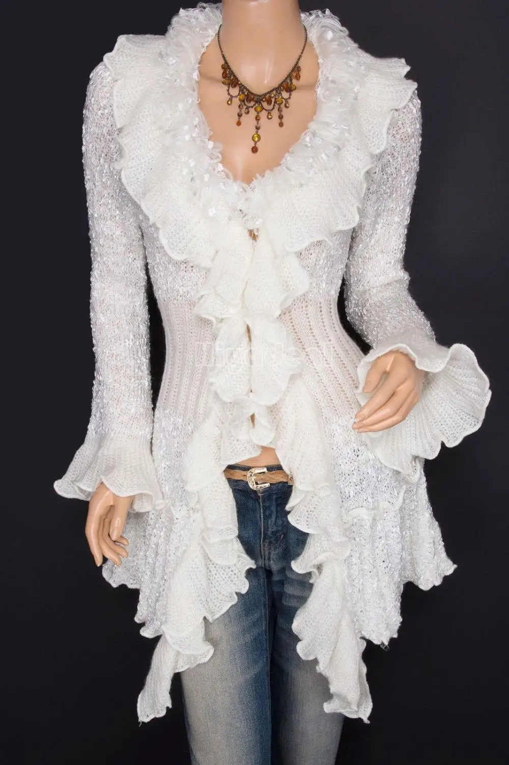 Free Shipping Women Fold Floral Applique Tiered Hem Cardigan Long Knitted Sweaters 2015 New Arrival Promotion |