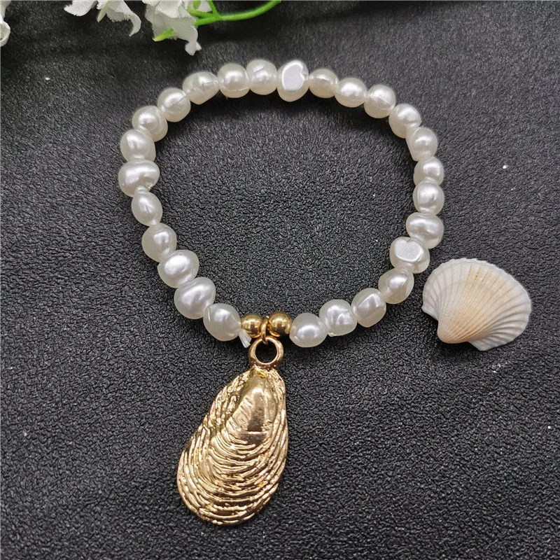 Золотой цвет, морская звезда, раковина, каури, ракушка, браслеты для женщин, имитация жемчуга, бусин, очаровательный браслет, Новая мода, пляжные ювелирные изделия
