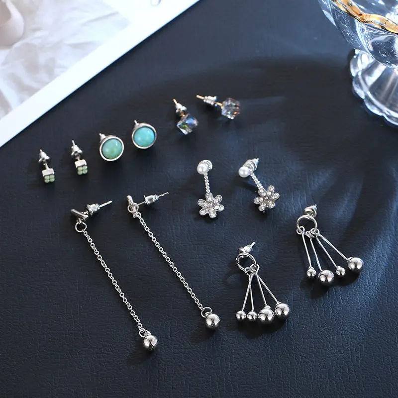 Winterxue 6Pairs New Stud Earrings Set For Women Punk Fashion Jewelry Crystal Stone Long Piercing Pendientes Brincos | Украшения и