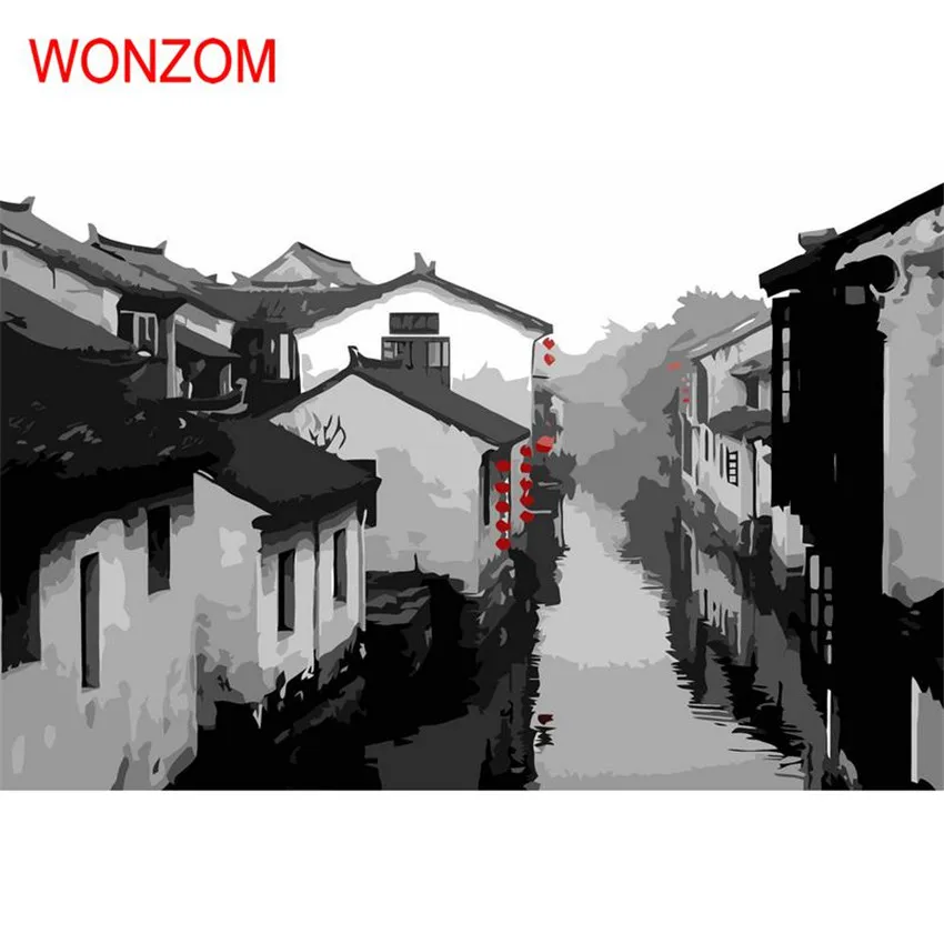 

Town Painting By Numbers DIY Handpainted Christmas gift China Ink town Wall Canvas Coloring By Numbers For Home Decor