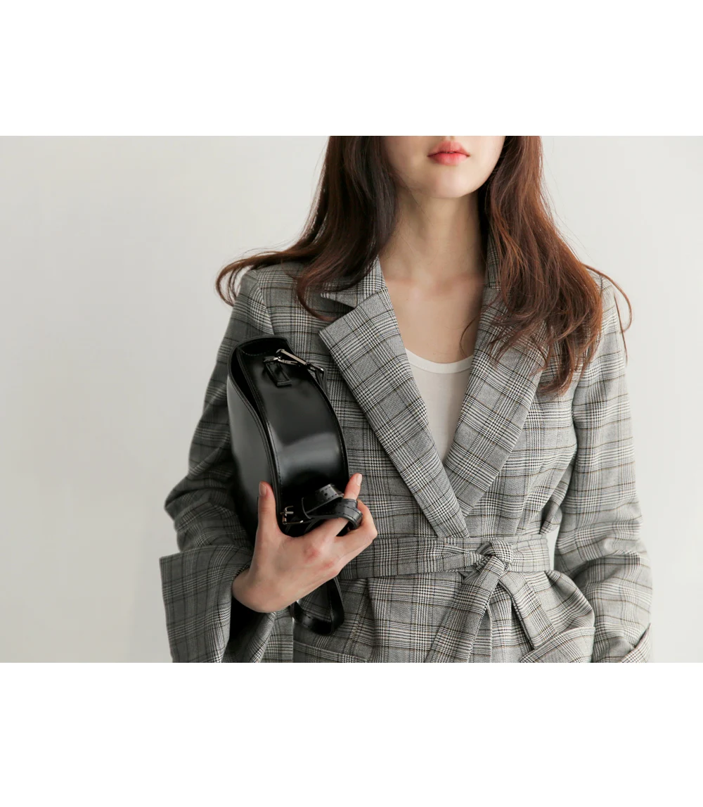 Женский офисный блейзер в клетку Серый с длинным рукавом и поясом бантом