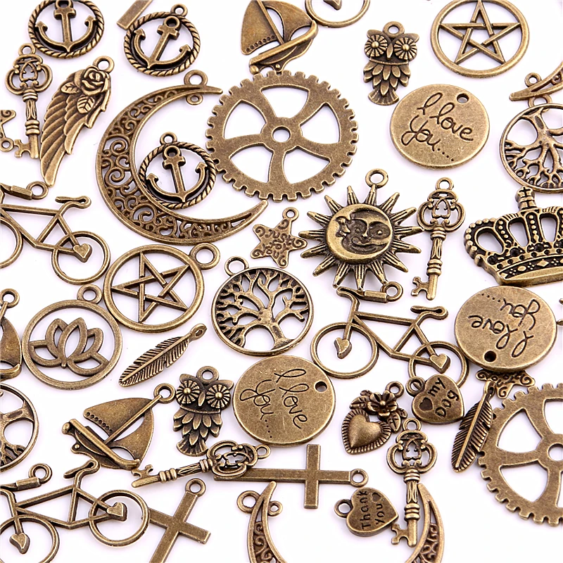

100pcs Mixed Charms Pendants Cross tree Life keys hearts crescent sun crown leaves DIY for Jewelry Making and Crafting H3002-1