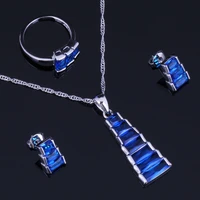 marvelous trapezoid blue cubic zirconia silver plated jewelry sets earrings pendant chain ring v0963