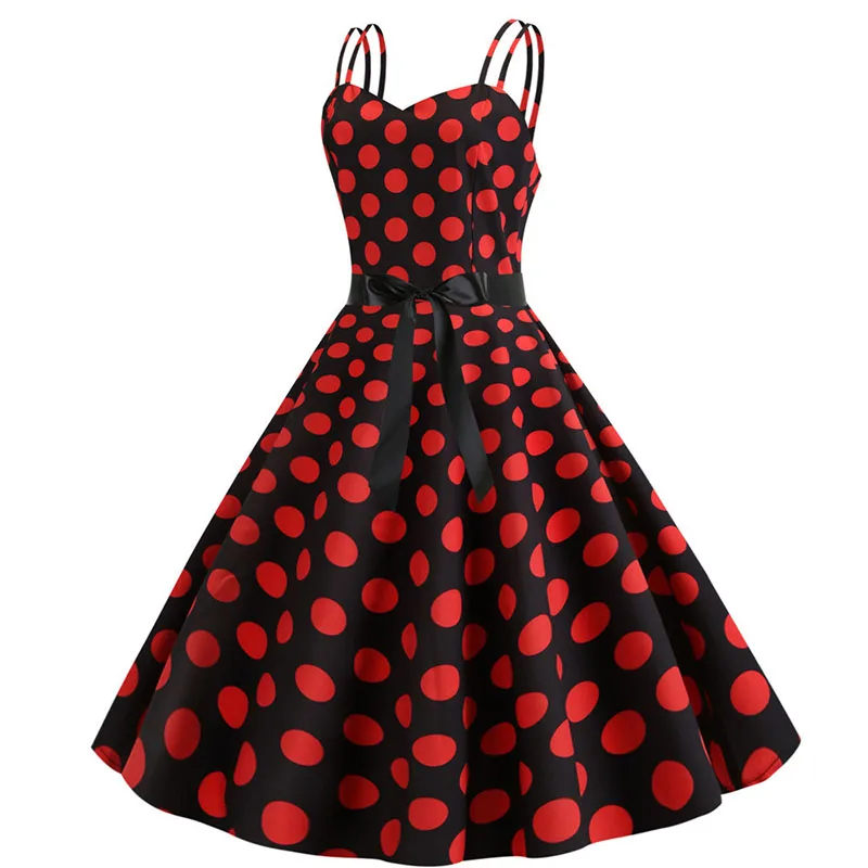 Для женщин Летний комбинезон в горошек с принтом Вечерние платья Robe Femme черного цвета в стиле ретро Винтаж качели для выпускного вечера, в стиле рокабилли миди платья размера плюс